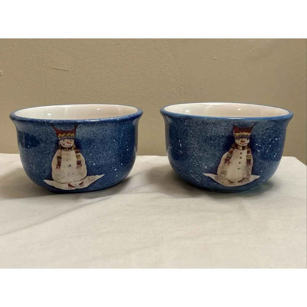 Sakura Table Snowmates Debbie Taylor Kerman 6in Blue Ceramic Snowman Bowls Set 2